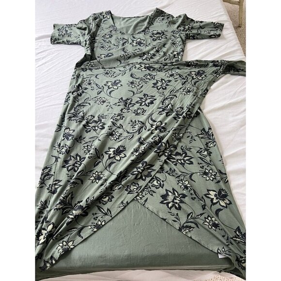 Garnet Hill Easy Wrap Knit Dress Green Floral SZ LG Autumn Stretch - Picture 10 of 10